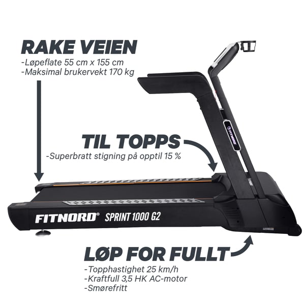 FitNord Sprint 1000 G2 Tredemølle *SMØREFRI* 3